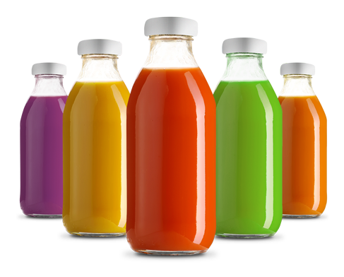 A group of bottles filled with different colored juice.